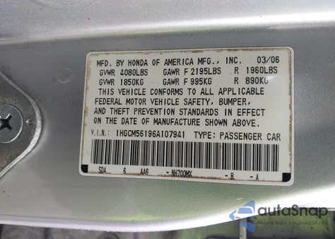 2006 Honda Accord 2.4 Vp from USA, damaged, VIN 1HGCM56196A107941